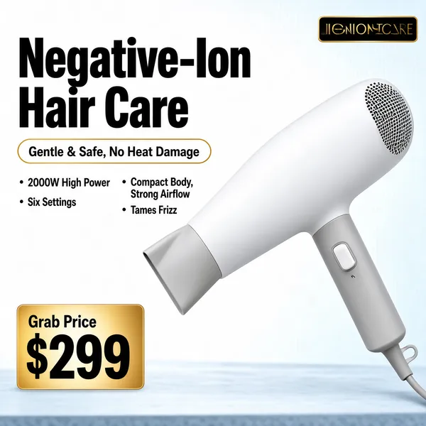 [Format]
Professional e-commerce product main image, square 1:1, clean personal-care tech style on a white set with a soft blue-tinted foreground.

[Colors]
Background is a bright white-to-pale-blue gradient, near #eef4f6, with a blurred cool desk scene at the bottom edge. Accents are matte white on the dryer, black bold headline type, a gold-outlined pill, and a gold gradient price plate. A black-and-gold brand tag sits at the top right. No frame border.

[Layout]
The brand tag sits top right. The headline block occupies the upper left: two-line main title, then a gold-outlined benefit pill, then four bullet lines in two columns. The white hair dryer sweeps in diagonally from the right, barrel pointing down-left. A gold price plate anchors the lower left.

[Subject]
A matte white ionic hair dryer with a cylindrical body, fine mesh air-inlet grille on the barrel rear, a slim nozzle and a light-grey handle with a small white speed switch, laid diagonally with soft studio shadows; the cord trails off-frame. No people.

[Headline]
Upper left: "Negative-Ion Hair Care" in very heavy black caps. Beneath, a gold-outlined pill with black text "Gentle & Safe, No Heat Damage". Four small bullets in dark grey: "2000W High Power", "Six Settings", "Compact Body, Strong Airflow", "Tames Frizz". Lower-left gold gradient plate: "Grab Price" small above a giant black "$299".

[Mood]
Clean, breezy and salon-fresh; white-and-blue lightness with warm gold price highlights and confident spec bullets.