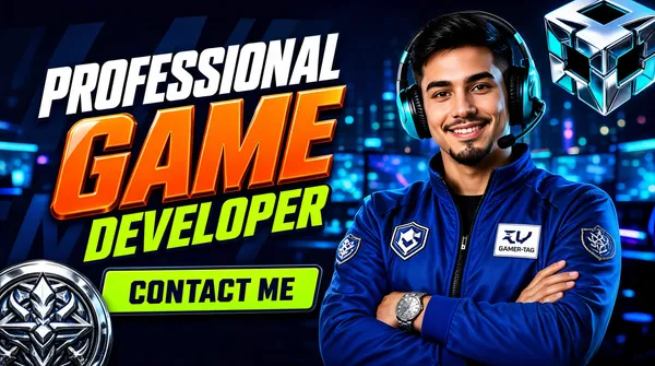 [Format]
Landscape 16:9 gig cover, cinematic esports-portrait photo composite with glossy 3D logo accents and blurred gaming-cafe bokeh backdrop. High-production finish, sharp studio lighting. No watermark, no personal names.

[Layout]
The frame splits into a left text column (~55% width) and a right full-height portrait. The background is a deep blue and teal blurred city-and-screens bokeh with light streaks and a dark vignette; behind the headline giant faint italic letterforms echo through the blur. The portrait occupies the right half edge-to-edge from bottom to near the top. Top-right corner holds a large chrome metallic cube emblem with cut-out faces, lit cyan and silver, slightly cropped by the frame edge. Bottom-left corner holds a round chrome fantasy game emblem, also partially cropped. The text block stacks down the left side: three headline words in sequence, then a wide button plate near the bottom. Depth comes from the bokeh falloff and a soft glow separating the portrait from the text side.

[Subject]
A young man in his late twenties, short dark hair and light goatee, wearing a large cyan-and-black over-ear gaming headset with boom mic and a royal-blue zip-up esports team jacket with small crest patches on chest and sleeve, arms crossed, a silver watch on his wrist, waist-up, smiling at camera, lit with cool blue rim light plus a soft warm key on the face.

[Headline]
Reading order: "PROFESSIONAL" in white bold italic condensed caps with soft drop shadow, about 8% of frame height; "GAME" beneath in huge glossy orange bevelled italic caps, roughly 20% of frame height and the largest element; "DEVELOPER" beneath in bright lime-green italic caps slightly smaller; then a wide button plate in lime green with a dark navy edge reading "CONTACT ME" in dark bold caps. The headlines tilt a few degrees upward left-to-right and sit directly on the blurred background.

[Badges]
Large chrome cube emblem in the top-right corner; round chrome fantasy game emblem in the bottom-left corner; small esports crest badges on the jacket chest and sleeve; a small white chest name-plate patch rendered as a generic gamer-tag label rather than any real handle.

[Mood]
Deep electric blue and teal base with hot orange and lime accents; confident competitive-gamer energy; at thumbnail size the orange GAME, lime DEVELOPER and blue-jacketed portrait with headset read instantly.