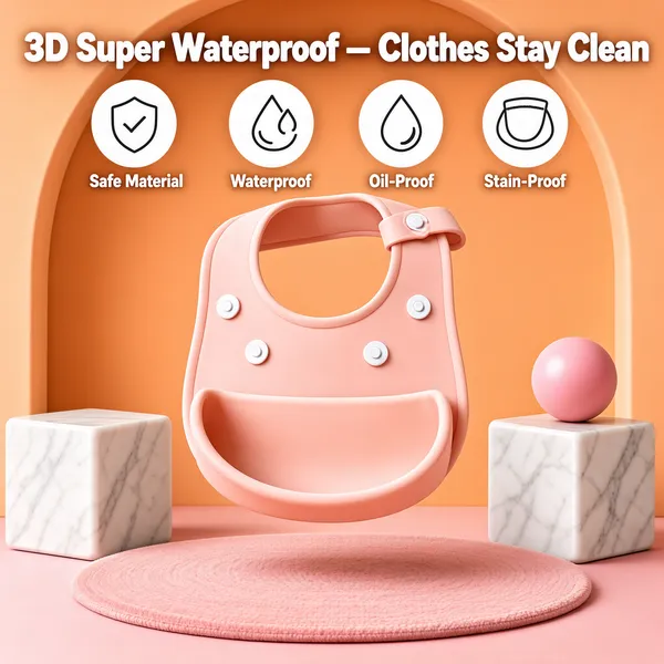 [Format]
Professional e-commerce product main image, square 1:1, pastel 3D-studio still-life style with soft geometry and floating product presentation.

[Colors]
A dreamy peach-and-pink palette — peach arch backdrop (#f7c6a5), blush pink floor and round rug, white marble cubes, a small pink sphere; the bib itself in baby pink silicone; headline in white caps over the top; four line icons in white circles. No frame border.

[Layout]
The headline spans the top edge. A row of four white circle icons with tiny caps labels sits beneath. The pink bib floats centre-frame on a round pink rug, its catch pocket opening toward the viewer. Marble cubes flank left and right, the sphere perched on the right cube, all inside a gentle arch niche.

[Subject]
No people. A 3D silicone baby bib in soft pink with an adjustable snap shoulder, four white snap studs, a wide crumb-catcher pocket curling forward, and a rounded neck scoop; matte flexible texture, softly lit with pastel reflections as if levitating above the rug.

[Headline]
Top, in plump white caps: "3D Super Waterproof — Clothes Stay Clean". The four icon labels beneath read, left to right: "Safe Material", "Waterproof", "Oil-Proof", "Stain-Proof".

[Mood]
Sweet, tidy and modern-nursery; pastel peach softness, playful floating geometry, mess-free parenting promised in one glance.