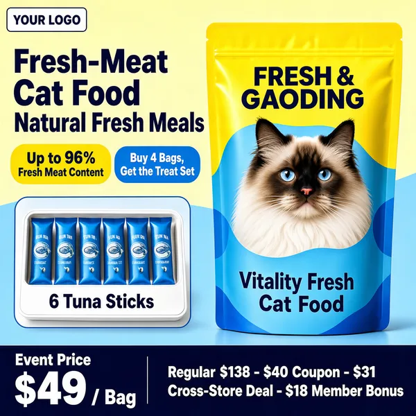 [Format]
Professional e-commerce product main image, square 1:1, bright value-packed pet-food advertising style with sunny yellow and fresh blue blocks.

[Colors]
Split background: pale yellow upper field (#fdf3cf) and light blue lower field (#bfe0f5); primary accents vivid yellow (#f7c31d) and sky blue (#39a7e0); bold navy type; dark price bar bottom-left; no frame border.

[Layout]
Top-left logo chip with "YOUR LOGO"; headline block upper-left with a yellow highlight pill; the standing food bag dominates the right half; a gift inset box sits mid-left; a dark navy strip runs along the bottom carrying the price equation.

[Subject]
Right: a glossy stand-up pouch with a yellow-to-blue wavy split design, featuring a photorealistic ragdoll cat portrait inside a blue blob, brand caps "FRESH & GAODING" and the words "Vitality Fresh Cat Food" on the front. Left inset: a white tray of six blue tuna treat sticks labelled "6 Tuna Sticks". No people.

[Headline]
Heavy navy caps on two lines: "Fresh-Meat Cat Food" / "Natural Fresh Meals"; below, a yellow pill: "Up to 96% Fresh Meat Content"; a blue mini-pill beside it: "Buy 4 Bags, Get the Treat Set". Bottom navy strip: "Event Price $49 / Bag" left; right side in white: "Regular $138 - $40 Coupon - $31 Cross-Store Deal - $18 Member Bonus".

[Mood]
Fresh, generous and trustworthy; sunny yellow-blue contrast with hearty appetite appeal.
