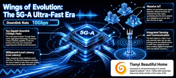 This infographic uses a deep blue technology-style background, with the theme "Wings of Evolution: The 5G-A Ultra-Fast Era," highlighting the four core capabilities of 5G-A networks and their applications in smart homes. The overall layout adopts a central radial structure, with a three-dimensional, glowing 5G-A chip module at the center, surrounded by data streams, fiber-optic connections, and abstract technological light effects, creating an atmosphere of a high-speed, intelligent, interconnected future network. Multiple semi-transparent rounded-rectangle text boxes are distributed on the left and right sides, each introducing a different technical feature, while the bottom-right corner holds the "Tianyi Beautiful Home" brand logo and slogan. The title "Wings of Evolution: The 5G-A Ultra-Fast Era" is located in the upper-left corner, in a relatively large font, rendered with a bright blue neon effect, and accompanied by sound-wave decorative patterns; below it is a horizontal strip in the style of a progress bar, labeled "Downlink Rate 10Gbps." The infographic mainly contains the following five parts: 1. **Ten-Gigabit Downlink (10Gbps Peak)** - Position: middle of the left side - Text content: > Ten-Gigabit Downlink (10Gbps Peak) > This is the peak of speed. Through three-carrier aggregation technology, it achieves a leap in network capability. In telecom services, this is the core cornerstone supporting ultra-HD 8K and XR interaction. - Visual elements: this text box points to the central 5G-A chip via a thin line, emphasizing its status as the core of speed. 2. **Millisecond-Level Latency (Low Latency)** - Position: lower-left corner - Text content: > Millisecond-Level Latency (Low Latency) > Edge computing makes feedback nearly real-time. The blurred foreground simulates the sense of speed as data rushes past, guiding users to focus on the stable network core. - Visual elements: binary code streams and wave-shaped data curves are visible in the background, symbolizing high-speed data transmission and low-latency response. 3. **Massive IoT** - Position: upper-right corner - Text content: > Massive IoT > Millions of connections per square kilometer. Distant terminals are softened into data nodes, symbolizing that the 5G-A network is as ubiquitous as air yet also blurs the line of sight. - Visual elements: the text box points via dashed arrows to three floating transparent building models (representing city or home scenarios) in the upper right, which are surrounded by blue halos and data points, embodying massive device connectivity. 4. **Integrated Sensing and Communication** - Position: middle of the right side - Text content: > Integrated Sensing and Communication > The base station is a radar. It not only transmits data, but can also precisely sense low-altitude drones or traffic flow outside the focal plane, enabling digital management of the low-altitude economy. - Visual elements: the text box points via dashed arrows to a base-station tower model, whose top emits concentric ripples, symbolizing radar detection; below the base station is a gridded ground projection, indicating the sensing range. 5. **Tianyi Beautiful Home** - Position: lower-right corner - Visual elements: includes the "Tianyi Beautiful Home" brand logo (an orange-yellow spiral graphic plus text), as well as a rectangular text box with a white background. - Text content: > Tianyi Beautiful Home > Connection is not just technology; it is warmth. Gigabit broadband + 5G-A + family-wide shared data keep every family member at the center of life. In addition, the image contains a large number of dynamic visual elements: - The central 5G-A chip module is composed of multiple layers of circuit boards, with the words "5G-A" marked on top, connected to several optical fibers on all sides, and emitting blue light. - The background is filled with flowing binary digit strings (such as "01001101..."), data waveforms, light spots, and ring-shaped orbits, reinforcing the sense of technology and the imagery of data transmission. - The overall color scheme is dominated by deep blue, supplemented by bright blue, white highlights, and a small amount of orange-yellow accents, forming a warm-cold contrast and highlighting the brand colors. Through a combination of graphics and text in a logically clear structure, this infographic systematically presents the performance advantages and application scenarios of 5G-A technology, especially emphasizing its value in smart home services and conveying the brand philosophy that "technology is warmth."