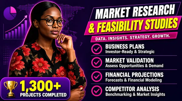 [Format]
Landscape 16:9 gig cover, vivid magenta-purple marketing composite with vector data graphics and a cut-out portrait. Glossy, high-contrast advertising finish. No watermark, no personal names.

[Layout]
A deep purple background. The upper-left quadrant holds faint data graphics: a dotted world map, a small pie chart and an ascending bar chart with an arrow. The left half is dominated by a cut-out of a woman from roughly the waist up. The right half carries the message: a two-line headline at the top on two angled magenta plates, a thin magenta banner below it, then a vertical stack of four feature rows. A purple rounded stat card sits at the bottom-left, overlapping the woman's forearm and the frame's lower edge. The feature rows are left-aligned, their circular check icons forming a vertical guide line, with faint horizontal rules between rows.

[Subject]
A woman in her late twenties, dark skin, long black hair pulled back, black round-framed glasses, a black long-sleeved shirt printed with large red flowers, one hand raised near her jaw, torso-and-up on the left, looking slightly off-camera with a confident expression. Magenta rim light from the right against the purple field.

[Headline]
Top-right, the headline over two lines in heavy condensed all-caps: 'MARKET RESEARCH' in white on a dark plate, then '& FEASIBILITY STUDIES' in bright yellow on a magenta plate slightly rotated. Beneath, a magenta banner reading 'DATA. INSIGHTS. STRATEGY. GROWTH.' in white letter-spaced caps. The four feature rows each pair a magenta ringed check icon with a white bold caps title over a smaller light-grey subtitle: 'BUSINESS PLANS / Investor-Ready & Strategic', 'MARKET VALIDATION / Assess Opportunities & Demand', 'FINANCIAL PROJECTIONS / Forecasts & Financial Modeling', 'COMPETITOR ANALYSIS / Benchmarking & Market Insights'. The bottom-left stat card shows a gold trophy beside large yellow numerals '1,300+' over white caps 'PROJECTS COMPLETED'.

[Badges]
none

[Mood]
Deep purple, magenta and yellow with white type, a bold energetic offer. At thumbnail size the yellow-on-magenta second line and the trophy stat card pop hard against the purple ground.