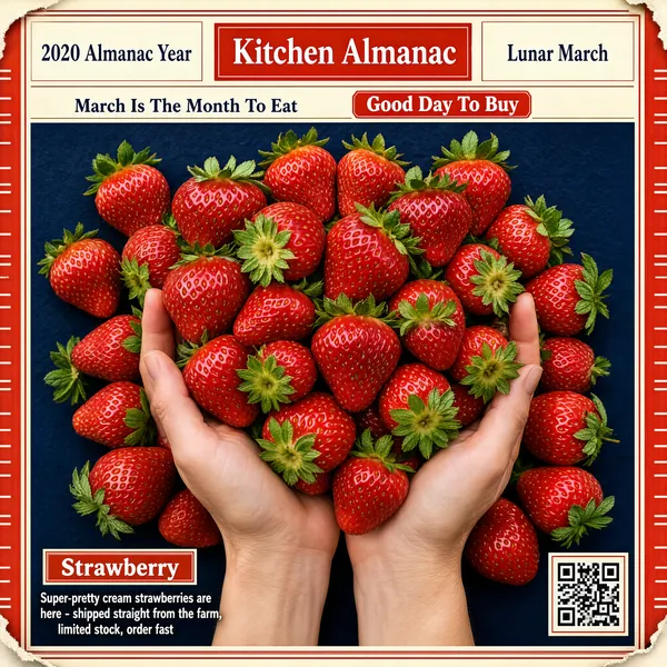[Format]
Professional e-commerce product main image, square 1:1, seasonal-almanac editorial style framing a full-bleed fruit photograph.

[Colors]
Deep navy photographic ground inside a cream-and-red calendar border, coral-red seal chips and headline strips, warm strawberry reds dominating the centre; a thin double-line frame with torn-paper texture at the corners.

[Layout]
A cream header bar with three text blocks spans the top; the centre is filled edge to edge with the strawberry photograph; a small boxed word and two caption lines sit bottom-left; a small square QR code sits bottom-right; narrow red calendar margins run down both sides.

[Subject]
Centre: two fair-skinned hands gently cupping a generous pile of glossy fresh red strawberries with bright green leafy caps, shot from directly above in soft natural light, the fruit piled high and spilling over the fingers.

[Headline]
Header: "2020 Almanac Year" on the left, a red plaque reading "Kitchen Almanac" at centre, "Lunar March" on the right; beneath it a cream strip reads "March Is The Month To Eat" next to a red seal chip "Good Day To Buy"; bottom-left a boxed word "Strawberry" above the caption "Super-pretty cream strawberries are here - shipped straight from the farm, limited stock, order fast".

[Mood]
Seasonal, appetising and collectible; calendar-frame nostalgia wrapped around a juicy harvest-centre photograph.