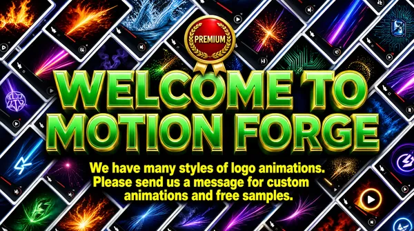 [Format] Landscape 16:9 gig cover, diagonal video-thumbnail wall with a beveled 3D title, busy showreel style. Glossy rendered finish with metallic type. No watermark, no personal names.

[Layout] The entire background is a dense diagonal mosaic of video-player cards rotated about 30 degrees and tiled edge to edge at a slight offset, receding past all four frame edges. Each card is a white-bezeled video frame showing a different colorful logo-animation still — fire bursts, water splashes, neon light streaks, tech circuitry, particle reveals, smoke — with tiny player controls, mute icons and progress bars drawn along the card edges. Tile brightness varies so the wall shimmers. Over the center, a large two-line title block is overlaid on top of the mosaic, spanning most of the frame width, with a soft drop shadow lifting it off the busy wall. Below the title, two lines of smaller bold text run across the lower third. A small round red quality seal with a gold ribbon sits in the upper area among the tiles, near the first title line.

[Subject] none — typographic only.

[Headline] Line one: 'WELCOME TO' in large green beveled caps with a gold outline. Line two: a two-word studio name of similar length in the same green beveled caps with gold edging, spanning nearly the full width. Subtext in bold yellow sans on two centered lines: 'We have many styles of logo animations. Please send us a message for custom animations and free samples.'

[Badges] A small red circular 'PREMIUM' seal with gold laurel and ribbon detailing near the top center among the tiles; miniature play, mute and progress-bar icons along each video card's lower edge.

[Mood] A glittering wall of neon blues, fiery oranges, purples and gold over dark video stills, anchored by green-and-gold title type; busy, showreel-luxe energy. At thumbnail size the beveled green headline still holds over the shimmering tile field.