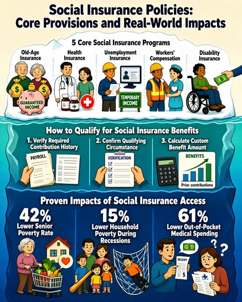 The infographic titled **"Social Insurance Policies: Core Provisions and Real-World Impacts"** is visually structured as an iceberg, symbolizing the visible surface-level programs and the deeper, underlying mechanisms and impacts. The design uses a soft beige background for the above-water portion and a layered blue gradient for the submerged sections, with cartoon-style illustrations to represent concepts. --- ### **Section 1: Core Social Insurance Types (Above Water)** This section presents the **5 Core Social Insurance Programs**, each addressing a specific financial risk, illustrated with icons and characters: 1. **Old-Age Insurance** - Visual: An elderly couple holding money bags, standing beside a piggy bank labeled "GUARANTEED INCOME". - Text: "Old-Age Insurance" 2. **Health Insurance** - Visual: A doctor in a white coat and a patient with medicine bottles; a red cross icon is present. - Text: "Health Insurance" 3. **Unemployment Insurance** - Visual: A worker in a hard hat holding a document, with a computer screen showing a job listing and a green sign reading "TEMPORARY INCOME". - Text: "Unemployment Insurance" 4. **Workers’ Compensation** - Visual: An injured worker in a hard hat and safety vest with a bandaged arm, being comforted by a nurse holding a heart symbol. - Text: "Workers’ Compensation" 5. **Disability Insurance** - Visual: A person in a wheelchair receiving money from another person’s hand. - Text: "Disability Insurance" --- ### **Section 2: Standard Benefit Eligibility Rules (First Submerged Layer)** Titled **"How to Qualify for Social Insurance Benefits"**, this layer details a three-step process using illustrative icons: 1. **Verify Required Contribution History** - Visual: Payroll stub and contribution records documents. - Text: "1. Verify Required Contribution History" 2. **Confirm Qualifying Circumstance** - Visual: Hands holding a checklist labeled "VERIFICATION" with checkmarks. - Text: "2. Confirm Qualifying Circumstance" 3. **Calculate Custom Benefit Amount** - Visual: A calculator next to a bar chart labeled "BENEFITS" with an upward trend line and "Prior contributions" on the x-axis. - Text: "3. Calculate Custom Benefit Amount" --- ### **Section 3: Measurable Impacts of Social Insurance Access (Deeper Submerged Layers)** This section, titled **"Proven Impacts of Social Insurance Access"**, displays three key statistical outcomes with corresponding illustrations: 1. **42% Lower Senior Poverty Rate** - Visual: An elderly woman shopping with a cart full of groceries, walking toward a house, with a heart symbol indicating well-being. - Text: "42% Lower Senior Poverty Rate" 2. **15% Lower Household Poverty During Recessions** - Visual: A child holding a baseball bat, a family of four standing together, and a person falling into a safety net (symbolizing economic protection). - Text: "15% Lower Household Poverty During Recessions" 3. **61% Lower Out-of-Pocket Medical Spending** - Visual: A man holding a receipt with a speech bubble containing a dollar bill, and a distressed woman with medical documents and question marks around her head. - Text: "61% Lower Out-of-Pocket Medical Spending" --- ### **Overall Layout and Style** The infographic employs a **layered iceberg metaphor** to organize information hierarchically: - **Above water**: Core program types (visible, foundational). - **Below water**: Eligibility rules and real-world impacts (hidden but critical). The visual style is **clean, colorful, and accessible**, using simple illustrations and clear typography. All text is in English, and the layout ensures logical flow from general programs to specific eligibility and then to measurable societal benefits. Data encoding is primarily **text-based with supporting icons and charts**, emphasizing clarity over complex data visualization. No numerical scales or axes are used beyond the simple bar chart in Section 2, which shows increasing benefits relative to prior contributions. This infographic effectively communicates the structure, access criteria, and tangible benefits of social insurance systems in a digestible, visually engaging format.