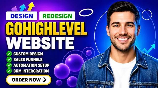 [Format]
Professional Fiverr gig cover, landscape 16:9 banner. Bold blue-purple SaaS advertising style with glossy gold display type. High-energy and results-driven. No watermark, no personal names.

[Layout]
A purple-to-royal-blue gradient ground lit by a bright violet bloom behind the left-hand headline and a soft blue glow behind the subject. Chunky translucent spheres, thin outlined circles and a large rounded-rectangle outline float through the field. The left two-thirds hold the typography and the feature list; the subject occupies the right third and bleeds off the top and bottom edges.

[Subject]
Right third: a young white / Caucasian man with short dark hair and light stubble, a broad warm smile, wearing a denim-blue jacket over a plain white crew-neck t-shirt. Cool studio light with a blue rim, sharp focus, looking straight at the camera.

[Headline]
Stacked on the left: a white rectangle carrying "DESIGN" in bold blue caps beside a second white rectangle with "REDESIGN" in bold green caps, with three small rising arrows in green, blue and yellow above them; then "GOHIGHLEVEL" in enormous heavy yellow caps with a dark outline; then "WEBSITE" in very heavy white caps with a soft metallic sheen.

[Badges]
Below the headline, four left-aligned lines each led by a green circle-check icon with bold white caps: "CUSTOM DESIGN", "SALES FUNNELS", "AUTOMATION SETUP" and "CRM INTERGRATION". At the bottom left, a rounded white-and-yellow button with a chevron glyph and "ORDER NOW" in black caps.

[Graphic accents]
Floating translucent violet spheres at the lower centre, a large thin ring outline, several up-arrow glyphs in green, blue and yellow behind the type, and a small hollow white oval near the top.

[Mood]
Upbeat, growth-focused and modern; purple-blue with gold display type, green checkmarks as proof and a friendly, credible face.
