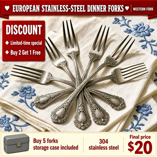 [Format]
Professional e-commerce product main image, square 1:1, classic tableware promo style with vintage silver forks on embroidered linen.

[Colors]
Warm white embroidered linen napkins with cornflower-blue floral patterns fill the scene; the forks supply antique silver; a red header ribbon and red claim card; a cream footer with red price numerals.

[Layout]
Top: a red ribbon banner with the product name and a small English caption to its right. Left-middle: a red discount card with two diamond-marked lines. Centre: six forks fanned outward from the middle like sun rays. Bottom: a cream strip with the bundle offer, a case icon, the material note and a large price at the right.

[Subject]
Six ornate vintage-style silver dinner forks arranged in a radial fan on layered white-and-blue embroidered napkins, floral-embossed handles with filigree detail, soft directional daylight picking out the polished relief work, warm homely textile textures throughout. No people.

[Headline]
Red ribbon: "European stainless-steel dinner forks" in white caps with tiny hearts at each end; small red caps beside it "WESTERN FORK". Red card: "DISCOUNT" in white, then "Limited-time special" and "Buy 2 Get 1 Free" in white with diamond bullets. Footer: "Buy 5 forks" with "storage case included" beneath, a small grey case illustration, "304 stainless steel" in red, and "Final price" above a giant red "$20".

[Badges]
The red discount card.

[Mood]
Warm, classic and value-stacked; vintage silver elegance over embroidered linen with firm red deal marks.