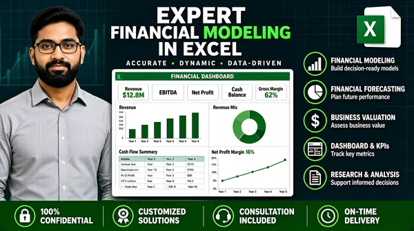 [Format]
Landscape 16:9 gig cover, corporate financial-consulting infographic style. Crisp vector graphics over a photo cut-out, high detail, professional finish. No watermark, no personal names.

[Layout]
Dark teal-navy background with a faint financial grid and ghosted chart lines. Three vertical zones. Left third: a waist-up photo cut-out of the seller. Centre: the main column — a three-line headline block across the top, a tagline strip under it, then a large white Excel-style dashboard mockup card with a green FINANCIAL DASHBOARD title bar, containing five KPI mini-cards (Revenue $12.8M, EBITDA, Net Profit, Cash Balance, Gross Margin 62%), a green revenue bar chart over Year 1–Year 5, a blue-green revenue donut chart with a colour legend, a cash-flow summary table and a net-profit-margin line chart climbing to 16%; the card is the visual anchor, about one third of frame width. Right quarter: a vertical stack of five icon-plus-text feature rows, each a green outline circle icon with a bold white caps title and a small grey sub-caption. A full-width darker green strip runs along the bottom with four icon-and-text trust items separated by thin dividers.

[Subject]
A South Asian man in his late twenties, full black beard, rectangular glasses, light grey button-down shirt, waist-up, at the left edge, softly front-lit, looking at the camera with a calm confident expression; he overlaps nothing, the headline begins to his right.

[Headline]
Top centre, stacked in three lines each about one twelfth of frame height: "EXPERT" in heavy white caps, "FINANCIAL MODELING" in heavy bright-green caps, "IN EXCEL" in heavy white caps. Below them a tagline in letter-spaced white caps with green dot separators: "ACCURATE • DYNAMIC • DATA-DRIVEN". Right-column feature titles in white bold caps: "FINANCIAL MODELING", "FINANCIAL FORECASTING", "BUSINESS VALUATION", "DASHBOARD & KPIs", "RESEARCH & ANALYSIS". Bottom-strip labels in white bold caps: "100% CONFIDENTIAL", "CUSTOMIZED SOLUTIONS", "CONSULTATION INCLUDED", "ON-TIME DELIVERY".

[Badges]
Top right: the Microsoft Excel logo — a white document shape with a folded corner behind a green rounded square holding a white X, roughly one tenth of frame width. Right-column icons: bar chart, pie chart, dollar sign, dashboard grid and document glyphs in green outline circles. Bottom-strip icons: padlock, award ribbon, headset and clock in the same green outline style.

[Mood]
Deep teal-navy and vivid green with white type; analytical, trustworthy and data-dense. At thumbnail size the green headline line, the big white dashboard and the Excel mark stay legible and signal Excel-based financial modelling.