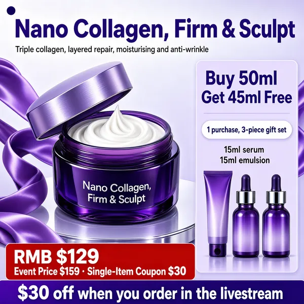 [Format]
Professional e-commerce product main image, square 1:1, premium purple skincare-advertising style with silky ribbon graphics and stacked offer cards.

[Colors]
Background is a light silver-lavender gradient (#e8e4f2 to #cfc6e8) with flowing violet satin ribbons; primary accent is deep violet (#6a35c2) across headlines, caps and banners; a red price block bottom left; no frame border.

[Layout]
Headline spans the top with a small brand dot upper left; the hero jar sits left of centre on a glossy reflective podium with swirled cream visible; an offer card and mini product lineup run down the right; the bottom edge holds stacked price and livestream strips.

[Subject]
A round violet glass jar with a metallic lavender lid, open at a tilt to reveal a perfect swirl of rich white face cream, photographed glossy and sharp; beside and behind it a violet ribbon curls, and to the right stand three smaller purple-gradient items — a slim serum tube and two dropper bottles with chrome collars. No people.

[Headline]
Top: "Nano Collagen, Firm & Sculpt" in heavy dark-violet caps, with a grey sub-line "Triple collagen, layered repair, moisturising and anti-wrinkle". Right card: "Buy 50ml Get 45ml Free" in bold violet on lavender, above a white pill "1 purchase, 3-piece gift set" and small violet text listing the 15ml serum and 15ml emulsion gifts. Bottom: a red block with "RMB $129" and "Event Price $159 · Single-Item Coupon $30", then a violet strip reading "$30 off when you order in the livestream" in white.

[Mood]
Luxurious, scientific and promo-forward; silky violet gradients with a glossy cream hero and a dense offer stack.