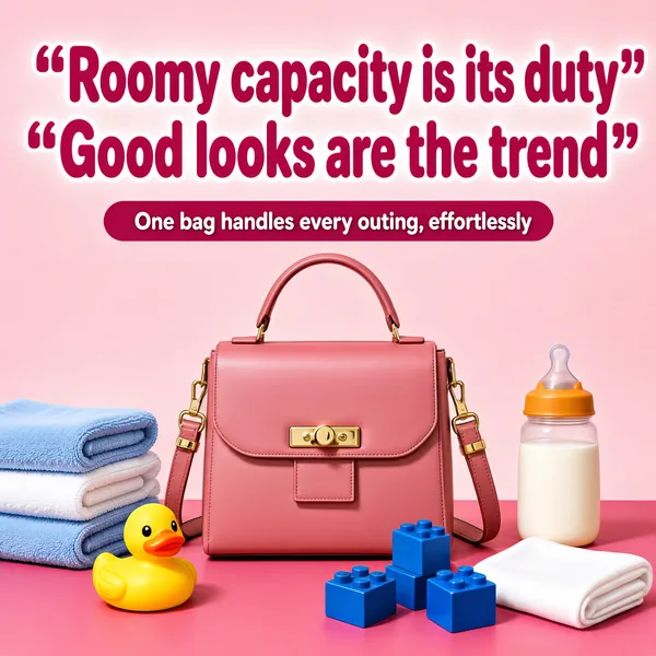[Format]
Professional e-commerce product main image, square 1:1, sweet mom-and-baby accessory style in pastel pink.

[Colors]
Soft pink #f6d7dc background with a darker pink floor line; rose-pink bag tones; magenta headline quotes; red, yellow and blue prop accents; no frame border.

[Layout]
A two-line headline with oversized quote marks across the top; a magenta pill beneath it; the bag hero-centred with lifestyle props arranged around it — a towel stack on the left, a bottle on the right, toys at the base.

[Subject]
A structured rose-pink PU leather handbag with a top handle, gold turn-lock, gold buckle details and a detachable strap, standing centre-stage; around it a stack of folded blue and white towels, a yellow rubber duck, a baby bottle with milk, blue building bricks and a folded white cloth.

[Headline]
Top, magenta with white quote marks: "Roomy capacity is its duty" then "Good looks are the trend"; beneath, a magenta pill "One bag handles every outing, effortlessly" in white.

[Mood]
Playful, practical and pretty; candy-pink staging that blends mom-life props with fashion flair.
