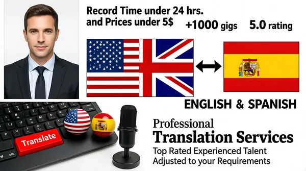 [Format]
Landscape 16:9 gig cover, busy collage-style marketing montage combining photography, flags and bold type. No watermark, no personal names.

[Layout]
The frame is split into a left photo column and a wider right information column. The left column contains a headshot at top and a laptop still-life at bottom. The right column stacks trust metrics at top, a large merged flag in the middle, a language pair label, and a headline block at the bottom. Elements overlap slightly and sit on a white ground.

[Subject]
A man with short brown hair, wearing a dark suit jacket, light shirt and dark tie, shown from the chest up in a small rectangular headshot at upper left.

[Headline]
At top right, three lines of black sans-serif read "Record Time under 24 hrs.", "and Prices under 5$", with "+1000 gigs" and "5.0 rating" below them as paired metrics. Under the flags, "ENGLISH" and "SPANISH" appear in bold black sans-serif caps flanking a black ampersand. The lower right block reads "Professional" in black serif, "Translation Services" in larger black serif, then "Top Rated Experienced Talent" and "Adjusted to your Requirements" in smaller black sans-serif.

[Badges]
A large rectangle in the centre-left merges the United States flag and the United Kingdom Union Jack. A double-headed black arrow points between this merged flag and a Spanish flag on the right. At lower left, a laptop keyboard is visible with a red key reading "Translate", two small spherical flags showing the United States and Spain, and a small studio microphone.

[Mood]
A white background with primary flag colours and dense black type creates an information-heavy, bargain-focused impression; the collage reads as credible and experienced at thumbnail size.