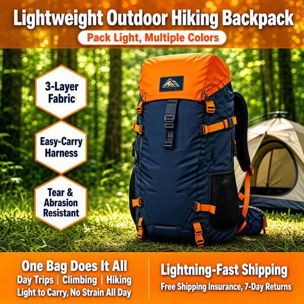 [Format]
Professional e-commerce product main image, square 1:1, energetic outdoor-gear advertising style with a real forest backdrop and bold action typography.

[Colors]
Sunlit green forest background with soft bokeh trees (#5f7d4f to #2f4a2c range); primary accents vivid orange (#f08a1d) and deep navy (#22355e); orange-tinted banner slabs top and bottom; no frame border.

[Layout]
A wide orange translucent band across the top carries logo and headline; the backpack stands right-of-centre full height; three hexagonal badges cluster mid-left; a lighter orange slab runs along the bottom split into two message zones.

[Subject]
Centre-right: a chunky hiking backpack with a navy body, bright orange top lid, straps and buckles, black mesh side pockets and a small brand patch on the flap, standing upright on grass with a blurred tent behind. No people.

[Headline]
Top band, white heavy caps on two lines: "Lightweight Outdoor Hiking Backpack"; beneath it an orange-outlined pill: "Pack Light, Multiple Colors". Hex badges in white: "3-Layer Fabric", "Easy-Carry Harness", "Tear & Abrasion Resistant". Bottom band left: "One Bag Does It All" above "Day Trips | Climbing | Hiking" and "Light to Carry, No Strain All Day"; right side: "Lightning-Fast Shipping" over "Free Shipping Insurance, 7-Day Returns".

[Mood]
Adventurous, upbeat and dependable; sun-dappled forest greens with punchy orange callouts.