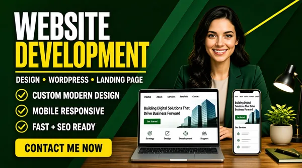 [Format]
Professional Fiverr gig cover, landscape 16:9 banner. Dark green corporate web-agency advertising style with a bright yellow accent. Confident, modern and high-trust. No watermark, no personal names.

[Layout]
A deep forest-green ground with darker green diagonal planes splitting the frame and a soft vignette at the corners, plus a thin bright-yellow diagonal rule crossing the upper right. The left half is a typography and feature column; the right half holds the subject at a desk with devices, blending into the green scene.

[Subject]
Right half: a young white / Caucasian woman with long dark wavy hair and a warm open smile, wearing a deep-green blazer over a light top, seated at a wooden desk with a potted plant, a desk lamp and stationery around her. Soft warm light, sharp focus, looking straight at the camera.

[Headline]
Stacked on the left, left-aligned: "WEBSITE" in very heavy white condensed caps; then "DEVELOPMENT" in very heavy yellow condensed caps; then a thin yellow rule followed by "DESIGN • WORDPRESS • LANDING PAGE" in bold white caps with small yellow dots between the words. Below, a solid yellow rounded button with "CONTACT ME NOW" in heavy black caps.

[Badges]
Between the rule and the button, three left-aligned lines each led by a yellow outlined circle-check icon with bold white caps: "CUSTOM MODERN DESIGN", "MOBILE RESPONSIVE" and "FAST + SEO READY".

[Devices]
On the desk, a laptop and, to its right, a standing smartphone, both showing the same light-themed business site: a top navigation with "Home About Services Portfolio Contact", a hero headlined "Building Digital Solutions That Drive Business Forward" over a photograph of a modern glass building with a green "Get Started" button, and a row of small feature columns for "Strategy", "Design", "Development" and "Support" with short captions. The phone repeats the same hero and a "Our Services" card.

[Mood]
Professional, modern and reassuring; deep green planes with bright yellow display type, live device mockups and a friendly designer at work.