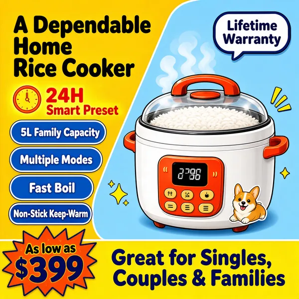 [Format]
Professional e-commerce product main image, square 1:1, playful cartoon home-appliance style with bright split colour blocks and sticker-like badges.

[Colors]
Background split diagonally: warm golden yellow (#f0b429) on the left and light sky blue (#bfe0f0) on the right with a rounded corner inset; accents in orange-red (#f25022) on the cooker; a yellow bottom banner outlined in dark blue; no frame border.

[Layout]
Headline stack in the top left; feature pills run down the left side; the rice cooker sits centre-right on the blue block with small yellow emphasis strokes beside it; a speech-bubble warranty tag floats top right; a full-width yellow banner runs along the bottom with a price burst bottom left.

[Subject]
A chunky white cylindrical rice cooker with a bright orange-red lid handle, side handles and control panel, glass lid showing steam, drawn in a clean cartoon-product style with a tiny cute corgi dog sticker and sparkle accents near the base. No people.

[Headline]
Top left: "A Dependable Home Rice Cooker" in bold black caps on two lines, then "24H Smart Preset" in orange-red with a small clock cue. Left pills in blue with white text: "5L Family Capacity", "Multiple Modes", "Fast Boil", "Non-Stick Keep-Warm". Top-right bubble: "Lifetime Warranty". Bottom banner: "Great for Singles, Couples & Families" in dark blue bold; the price burst reads "As low as $399".

[Mood]
Cheerful, family-friendly and value-packed; sunny yellow and sky blue with orange-red product accents and bouncy sticker energy.