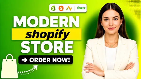 [Format]
Professional Fiverr gig cover, landscape 16:9 banner. Bright flat-green e-commerce advertising style with a yellow slab headline. Fresh, modern and friendly. No watermark, no personal names.

[Layout]
A saturated lime-to-green gradient background, brighter yellow-green toward the right, with a soft darker green glow behind the subject and a faint dotted texture near the upper right. The left half carries the badge strip, headline and button; the subject occupies the right third and bleeds off the right edge.

[Subject]
Right third, cropped at the chest: a young white / Caucasian woman with long dark hair parted in the middle, a soft closed-lip smile, wearing a cream-white blazer over a white top with a delicate gold necklace and small earrings, arms loosely folded. Clean studio light, sharp focus, looking straight at the camera.

[Headline]
Stacked on the left, centre-aligned: "MODERN" in very heavy white caps; then "shopify" in heavy black italic lowercase on a bright yellow slab; then "STORE" in very heavy white caps; and beneath, a black rounded bar with a white arrow glyph and "ORDER NOW!" in bold white caps.

[Badges]
Across the top centre, a white rounded plate holding four small app marks in a row: the green Shopify bag, a green lightbulb-style glyph, the AliExpress mark, and a green diamond-grid mark.

[Graphic accents]
A large pale Shopify shopping-bag glyph in the lower-left corner with a dotted white curved arrow leading across to the order button.

[Mood]
Fresh, clean and commerce-ready; a bright lime-green field with a yellow slab wordmark and a friendly, polished human presence.