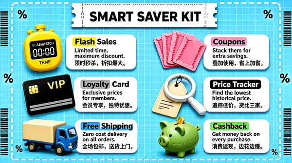 The infographic titled "SMART SAVER KIT" is presented on a light blue grid background resembling a cutting mat, with white dashed borders and decorative elements like percentage symbols (%) and barcode patterns along the edges. The overall design style is clean, modern, and playful, using 3D-rendered objects and speech-bubble-like labels to present information in an engaging, visually structured layout. At the top center, the title "SMART SAVER KIT" is displayed in bold, black, uppercase letters on a white, ticket-shaped banner with a scalloped bottom edge. Below the title, the infographic is organized into three horizontal rows, each containing two main features with corresponding icons and bilingual descriptions (English and Chinese). Each feature is accompanied by a stylized 3D object and a rounded rectangular label with a shadow effect, giving a layered appearance. **Row 1:** - **Flash Sales**: - Icon: A yellow digital stopwatch labeled "FLASHWATCH" with "TAME" below the display, showing "00:00". - Label: The word "Flash" is highlighted in yellow, followed by "Sales" in black. Description: "Limited time, maximum discount." Below in Chinese: "限时秒杀，折扣最大。" - **Coupons**: - Icon: A stack of pink, perforated coupons fanned out. - Label: The word "Coupons" is highlighted in pink. Description: "Stack them for extra savings." Below in Chinese: "叠加使用，省上加省。" **Row 2:** - **Loyalty Card**: - Icon: A black VIP card with gold lettering "VIP" and a gold EMV chip on the left side, with four gray magnetic stripe lines at the bottom. - Label: The phrase "Loyalty Card" has "Loyalty" highlighted in gray. Description: "Exclusive prices for members." Below in Chinese: "会员专享，独特优惠。" - **Price Tracker**: - Icon: A white magnifying glass resting on a beige price tag. - Label: The phrase "Price Tracker" has "Tracker" highlighted in white. Description: "Find the lowest historical price." Below in Chinese: "追踪低价，货比三家。" **Row 3:** - **Free Shipping**: - Icon: A small blue delivery truck with a beige cargo box. - Label: The phrase "Free Shipping" has "Shipping" highlighted in blue. Description: "Zero cost delivery on all orders." Below in Chinese: "全场包邮，送货上门。" - **Cashback**: - Icon: A green piggy bank with a golden coin slot and stitching details. - Label: The word "Cashback" is highlighted in green. Description: "Get money back on every purchase." Below in Chinese: "消费返现，边花边赚。" The visual elements are arranged symmetrically, with each icon placed to the left or right of its corresponding label. The color coding of the highlighted words (yellow, pink, gray, white, blue, green) matches the color of the associated icon, creating a cohesive visual connection between the text and image. The use of both English and Chinese text suggests a bilingual audience, likely targeting a market where both languages are commonly used, such as China or Chinese-speaking communities abroad. All textual content is legible, with consistent font styles—bold sans-serif for headings and regular sans-serif for descriptions. The infographic does not contain any charts, graphs, or numerical data beyond the "00:00" on the stopwatch, which serves as a symbolic representation rather than actual data. The overall purpose is to inform viewers about various strategies for saving money while shopping, using clear visuals and concise bilingual explanations.