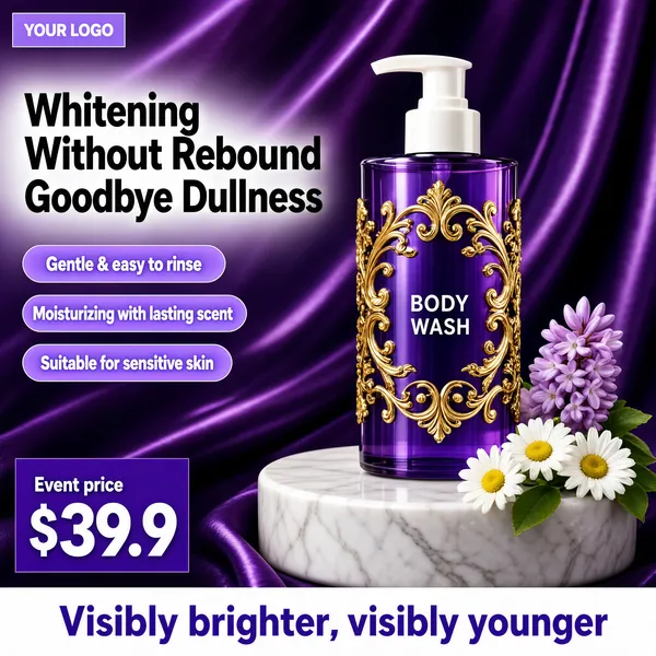 [Format]
Professional e-commerce product main image, square 1:1, dramatic purple satin body-care style with ornate gold filigree detailing.

[Colors]
Background deep violet satin drapery (#5a2a8a range) with soft folds and light streaks, translucent purple bottle with gold ornament, white and lilac type; No frame border.

[Layout]
The two-line headline upper-left; three lilac pills stacked beneath; the pump bottle on a white marble pedestal right of centre with daisies at its base; a violet price block bottom-left and a white claim band along the bottom; a small chip with "YOUR LOGO" top-left.

[Subject]
No people. A tall translucent purple body-wash bottle with a white pump head, swirling gold baroque filigree wrapping the body and short label lettering, standing on a round white marble plinth with white daisies and one lilac bloom.

[Headline]
Big black characters: "Whitening Without Rebound" over "Goodbye Dullness". Lilac pills, white text: "Gentle & easy to rinse", "Moisturizing with lasting scent", "Suitable for sensitive skin". White band, violet bold: "Visibly brighter, visibly younger". Price block: "Event price" small, "$39.9" huge white.

[Mood]
Glamorous, silky and indulgent; royal purple with gold ornament and brightening promises.