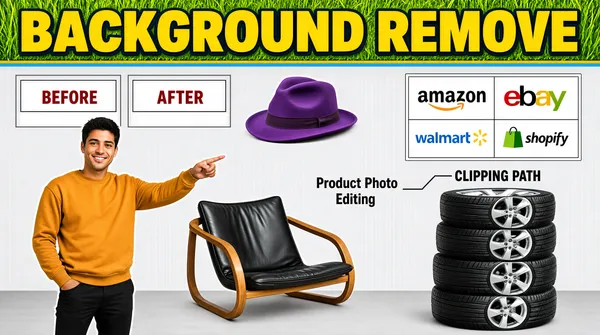 [Format]
Landscape 16:9 gig cover, bright marketplace-collage style, cut-out products and one model composited over a soft studio floor. Saturated poster colour, hairline cut-out edges, crisp e-commerce finish. No watermark, no personal names.

[Layout]
A full-width banner caps the frame across the top fifth: a green grass-texture band with a thin pale-blue rule above it and an olive-yellow rule below. The remaining four-fifths is a pale grey studio backdrop with a faint wall-to-floor shading in the lower third, carrying a loose diagonal scatter of floating cut-outs: a purple fedora upper-centre, a black leather sling chair with a bent-wood frame low centre-left, and a stack of four black tyres with silver alloy wheels filling the right third. Top-left, two hairline-outlined rectangles sit empty as before and after windows. A white outlined plate of marketplace wordmarks floats centre-right, overlapping the grey ground, with a thin leader line dropping to a caption above the tyres.

[Subject]
One cut-out person: a smiling man in his mid-twenties, short dark hair, in a mustard-orange crewneck sweatshirt and black trousers, shown three-quarter length on the left third. His body angles right, one arm raised across his chest with the index finger pointing rightward into the collage, the other hand in a trouser pocket. Even frontal studio light with a soft hair rim, no cast shadow, no overlap with the banner.

[Headline]
The banner carries BACKGROUND REMOVE in very large tightly-packed rounded extra-bold all caps, golden yellow with a navy outline and soft drop shadow, on a very slight upward arc, filling the banner edge to edge. Under the banner on the left, the small letterspaced caps labels BEFORE and AFTER in muted brick-red, each on a white patch inside a hairline grey rectangle. Above the tyres, the caption CLIPPING PATH in black bold caps with a thin black underline. Centre-right at mid-height, the two-line caption Product Photo Editing in black regular title case, with a hairline leader running up to the wordmark plate.

[Badges]
A white rectangle with a thin grey outline, upper right, holding four marketplace wordmarks in a 2x2 block, each small, level and evenly spaced: Amazon in black lowercase with the orange smile-arrow beneath the word; eBay in multicolour lowercase with its yellow-green second letter; Walmart in mid-blue lowercase with the six-ray yellow spark to its right; Shopify in black lowercase with the green shopping-bag glyph at its left.

[Mood]
Marketplace-bright and busy: grass green, golden yellow and neutral grey, with a purple accent from the hat and mustard from the sweater. Retail-catalogue energy; at thumbnail size the yellow banner and the pointing figure carry the read.