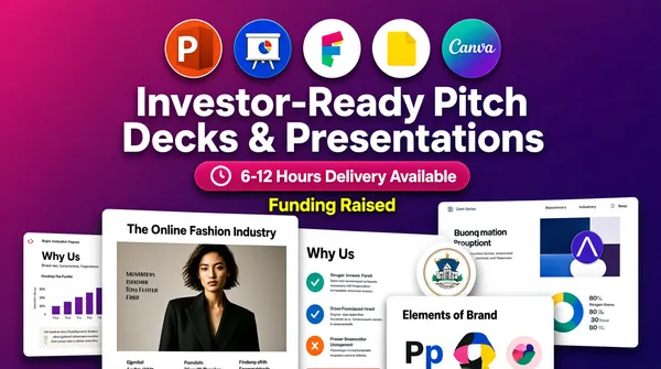 [Format]
Landscape 16:9 gig cover, rich purple gradient collage. Modern SaaS marketing, no watermark, no personal names.

[Layout]
A deep magenta-to-purple gradient background. Center-top holds the headline and a row of five circular format marks. Below the headline, a magenta delivery pill and a funding line. Lower half is filled with overlapping slide mockups showing fashion, brand, and investor content.

[Subject]
A small photo of a person appears inside one slide mockup; no large human cut-out dominates.

[Headline]
Large white sans-serif text reads "Investor-Ready Pitch Decks & Presentations". Below, a magenta pill with a clock icon reads "6-12 Hours Delivery Available". Under that, "Funding Raised" in yellow. Other slide mockups contain headers such as "The Online Fashion Industry", "Why Us", and "Elements of Brand".

[Badges]
Top row of five circular marks from left: the Microsoft PowerPoint circle, orange-red with its white "P" tile; a blue circle carrying a white easel-style presentation board with a small pie chart; a white circle carrying the Figma mark, its stacked red-orange, purple, blue and green shapes; a white circle carrying the yellow Google Slides page with a white rectangle inset; and a teal-to-purple gradient circle carrying the white Canva script. A small generic municipal badge appears on one slide.

[Mood]
Deep magenta and purple with pink, yellow, and bright accent colours, energetic and premium, clearly an investor-deck design service at thumbnail size.