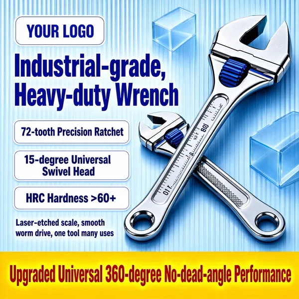 [Format]
Professional e-commerce product main image, square 1:1, industrial hardware promo pairing tough tools with a clean tech-blue backdrop.

[Colors]
Background pale blue (#dceafb) with soft geometric glass shapes and vertical ribbed texture, primary accent cobalt blue (#1c53c8), secondary steel gray tool tones and a golden-yellow bottom bar, white outline chips, No frame border.

[Layout]
Two adjustable wrenches hero on the right, one large one small, crossed diagonally; left column stacks logo chip, bold two-line headline, and three white spec chips; a thin blue caption line sits above the full-width yellow bottom banner.

[Subject]
Two polished chrome adjustable wrenches with precision worm-gear jaws, knurled adjuster wheels and hang holes, gleaming under studio light.

[Headline]
Top-left "YOUR LOGO" chip. Blue heavy headline: "Industrial-grade, Heavy-duty Wrench". White chips: "72-tooth Precision Ratchet", "15-degree Universal Swivel Head", "HRC Hardness >60+". Blue caption: "Laser-etched scale, smooth worm drive, one tool many uses". Yellow bar in red text: "Upgraded Universal 360-degree No-dead-angle Performance".

[Badges]
Logo chip, three spec chips, yellow bottom banner.

[Mood]
Rugged and precise, promising pro-grade reliability for demanding jobs.