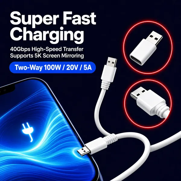 [Format]
Professional e-commerce product main image, square 1:1, dark tech-charging accessory style with glowing accents.

[Colors]
Background deep navy (#0a1030) with a luminous blue wave screen glowing in the lower left; accents bright red-outlined callout rings, a clean white cable, and a blue spec pill (#1f6bff); white type throughout. No frame border.

[Layout]
Huge white headline top-left with two supporting spec lines beneath; a blue rounded pill under those; two red-outlined circular magnifier callouts on the right showing the cable's connector ends in close-up; the lower-left corner is filled by the curved edge of a smartphone screen with glowing blue wave wallpaper and a charging glyph; a white cable runs from the right edge toward it.

[Subject]
No people. A white charging cable with moulded strain relief, its micro-USB tip and USB housing blown up inside the two red-ring callouts, plus the tall curved edge of a phone receiving power.

[Headline]
"Super Fast Charging" in enormous heavy white caps; below, medium white sans lines "40Gbps High-Speed Transfer" and "Supports 5K Screen Mirroring"; beneath them a solid blue rounded pill with white caps "Two-Way 100W / 20V / 5A".

[Badges]
No badges; the callout rings and spec pill carry the technical claims.

[Mood]
Slick, technical and confident; deep navy stage, red ring highlights and glossy blue light energy.