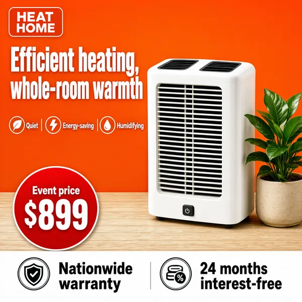 [Format]
Professional e-commerce product main image, square 1:1, winter appliance promo style with hot-ground contrast.

[Colors]
A saturated orange ground (#e8641e range) with a pale wood-grain base strip; a white heater body; heavy white caps; a red price disc and a white claims band; no frame border.

[Layout]
Logo chip top-left; the headline and icon captions down the left; the heater right-of-centre with a green potted plant beside it; a red price disc bottom-left; a white band along the bottom.

[Subject]
A white boxy ceramic fan heater with a large front grille, two dark vents on top and a base power switch, sitting on a pale wood floor beside a leafy potted plant. No people.

[Headline]
"Efficient heating, whole-room warmth" in heavy white caps; a caption row "Quiet | Energy-saving | Humidifying" with small line icons. Price: "Event price $899" with a giant white 899 on the red disc.

[Badges]
Bottom white band: "Nationwide warranty" and "24 months interest-free", each led by a small circular seal mark.

[Mood]
Cozy-warm and deal-forward; hot orange energy promising instant winter comfort with white trust marks.
