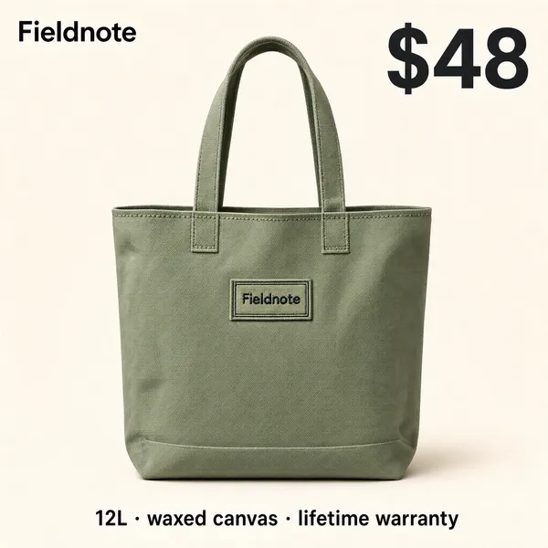 A straight-on, flat e-commerce product thumbnail of a sturdy canvas tote bag in a soft sage-green color, centered on a clean light neutral background with a soft, even shadow beneath it and a minimal embroidered patch detail on the front. Around/over the image, small clean product info: a brand name "Fieldnote" at the top corner, a big price "$48" in bold, and a small spec line "12L · waxed canvas · lifetime warranty" beneath the bag. Cozy, tactile, marketplace product-photo style, crisp detail, no tilt, no 3D perspective.