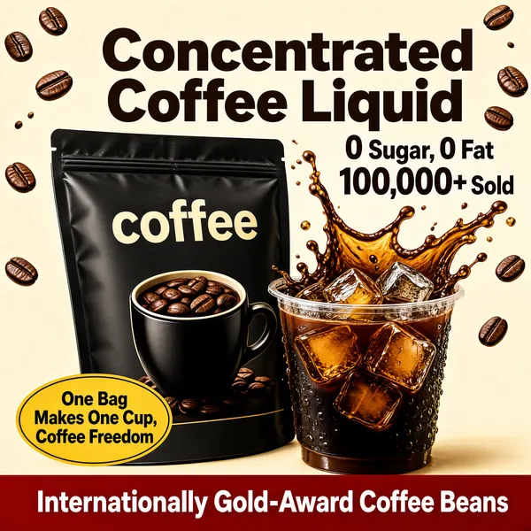 [Format]
Professional e-commerce product main image, square 1:1, rich coffee promo for liquid concentrate.

[Colors]
Warm cream background (#f2e6d9 range) with drifting roasted coffee beans, dark espresso-brown headline text, glossy black coffee bag, deep red bottom banner (#c02a1f), amber liquid tones.

[Layout]
Big headline across the top, zero-sugar stats row below it at right, hero coffee bag leaning at left with a splashing iced coffee cup at its right, yellow oval tag lower left, full-width red banner at the bottom.

[Subject]
A matte black resealable coffee pouch printed with the word "coffee" and a black mug of beans artwork, beside a clear plastic cup of iced black coffee with amber cubes and a dramatic splash.

[Headline]
Top: "Concentrated Coffee Liquid" in huge dark-brown bold serif-style sans. Right stats: "0 Sugar, 0 Fat" and "100,000+ Sold" with the numeral oversized. Yellow oval: "One Bag Makes One Cup, Coffee Freedom". Bottom banner: "Internationally Gold-Award Coffee Beans" in bold white.

[Badges]
Yellow oval tag lower left; full-width red award banner along the bottom.

[Mood]
Bold, roasted and premium, a rich café-quality indulgence at home.