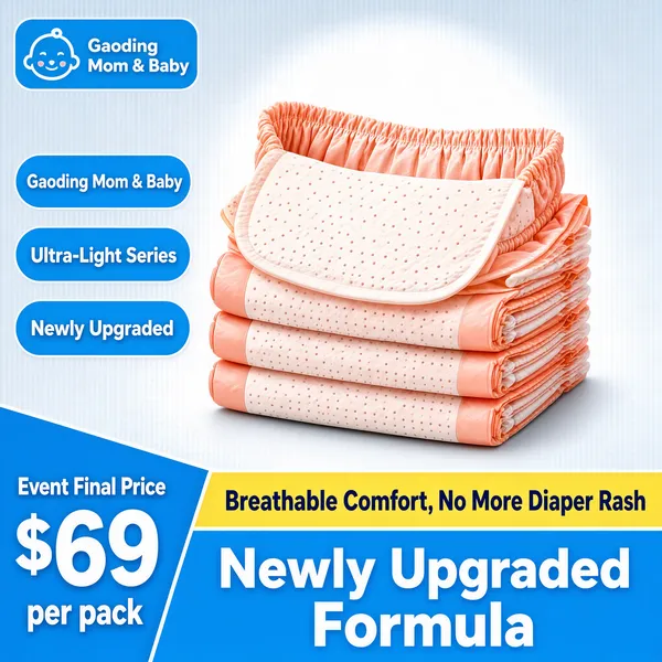 [Format]
Professional e-commerce product main image, square 1:1, minimal blue mom-and-baby layout with a soft product spotlight.

[Colors]
Very light gray-blue gradient background (#eef1f6 range); sky blue (#4aa3e8) pills and banner; coral-peach product tones; white text cards; No frame border.

[Layout]
Small blue logo chip top-left; hero pack centered; three rounded blue label pills stacked along the left edge; bottom zone split into a blue diagonal price card left, a yellow strip center, and a wide blue headline bar right.

[Subject]
A stack of peach-pink ultra-thin diapers with an elastic waistband and dotted breathable top sheet, softly lit with a gentle drop shadow.

[Headline]
Blue pills on the left read "Gaoding Mom & Baby", "Ultra-Light Series" and "Newly Upgraded"; bottom-left blue card shows "Event Final Price $69 per pack"; yellow strip reads "Breathable Comfort, No More Diaper Rash"; wide blue bar announces "Newly Upgraded Formula" in bold white.

[Badges]
Blue logo chip top-left, blue price card, yellow benefit strip.

[Mood]
Clean, reassuring and hygienic, tuned for careful parents.