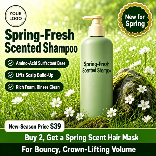 [Format]
Professional e-commerce product main image, square 1:1, fresh spring-garden haircare style with a meadow backdrop and ticked claim pills.

[Colors]
A sunlit green meadow field (#a9c98a range) with soft grass blur and white wildflowers; accents in sage bottle, dark green type and a gold-green rosette. Green offer band along the bottom edge.

[Layout]
The top-left holds a small round badge with a "YOUR LOGO" placeholder; a small scalloped rosette hangs top-right. The headline stacks at the upper-left; three dark-green ticked claim pills run beneath; the bottle stands centre-right among grass tufts and blossoms; the bottom sixth is a layered offer strip.

[Subject]
A tall matte sage-green shampoo bottle with a cream pump collar and minimal dark-green lettering, standing beside a mossy rock with white flowers blooming around its base; fresh morning-garden light. No people.

[Headline]
"Spring-Fresh Scented Shampoo" in very heavy dark-green caps on two lines; the rosette reads "New for Spring" in white. Green pills with white ticks: "Amino-Acid Surfactant Base", "Lifts Scalp Build-Up", "Rich Foam, Rinses Clean". Footer: a white price chip "New-Season Price $39"; a centre line "Buy 2, Get a Spring Scent Hair Mask"; a dark band below reads "For Bouncy, Crown-Lifting Volume".

[Mood]
Crisp, botanical and revitalising; a dewy green meadow with clean salon promises.