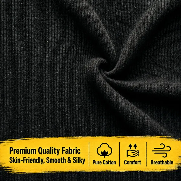 [Format]
Professional e-commerce product main image, square 1:1, macro fabric-texture style. A near-monochrome charcoal knit carrying one bright brushstroke of type.

[Colors]
The background is the fabric itself: deep charcoal-black cotton jersey around #26262a filling the entire frame under a soft top light with visible fibre detail. Accent a mustard-yellow brushstroke bar with black icons and characters. No frame border.

[Layout]
The upper three-quarters stay as pure cloth texture, everything above the band left untouched for a raw zoomed-in feel, pinched into a soft spiral whorl slightly right of centre. A horizontal yellow paint-stroke band crosses the lower fifth, carrying the label line on the left and three icon-word groups to its right, divided by thin strokes.

[Subject]
No people and no product shot - an extreme close-up of thick black cotton knit fabric with a soft centred fold, showing fine vertical ribbing, scattered fibre flecks and a gentle shadow gradient falling from the top light.

[Headline]
On the yellow stroke, left side: "Premium Quality Fabric" in heavy black characters with a smaller line "Skin-Friendly, Smooth & Silky" beneath. Right groups, each a small black line icon over a word: "Pure Cotton", "Comfort", "Breathable".

[Mood]
Tactile, understated and confident; the fabric itself is the hero, with one warm yellow stroke delivering all the quality claims.