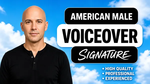 [Format]
Landscape 16:9 gig cover, bold badge-stack portrait with blue cloudy background. Modern, commercial finish. No watermark, no personal names.

[Layout]
The background is a bright blue sky with soft clouds. A bald man in a black shirt is on the left. The right side features three stacked rounded rectangular badges containing the headline, a script name, and a bullet list.

[Subject]
A bald man with light skin, wearing a black long-sleeve henley shirt. Cropped at the chest, looking at camera with a neutral expression, positioned on the left third.

[Headline]
Center-right, three overlapping rounded rectangles: top black badge with "AMERICAN MALE" in white sans-serif; middle large white badge with "VOICEOVER" in black bold sans-serif; bottom black badge with a white script signature placeholder. Below, three bullet points in white sans-serif all-caps: "HIGH QUALITY", "PROFESSIONAL", "EXPERIENCED".

[Badges]
The three stacked rounded rectangles act as the main typographic badge system.

[Mood]
Bright blue sky with black, white, and cloud tones. Clean, confident, professional; reads at thumbnail as an American male voice service.