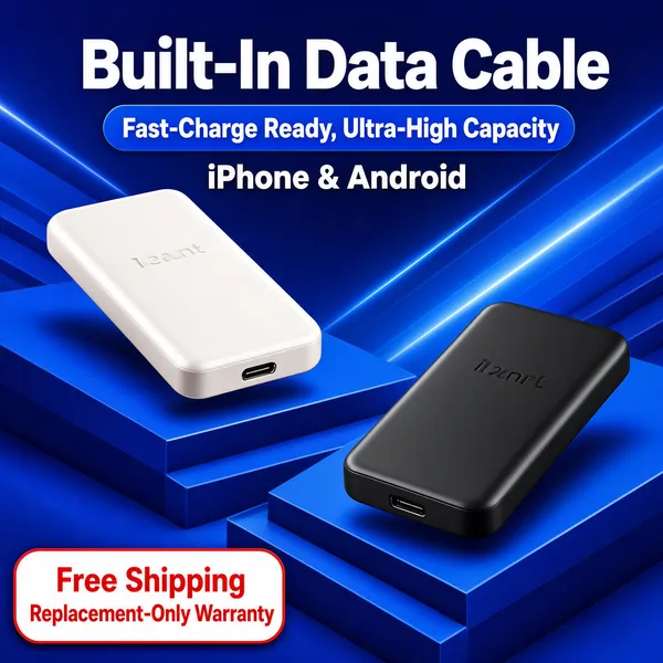 [Format]
Professional e-commerce product main image, square 1:1, sleek tech-gadget style on layered blue platforms.

[Colors]
A background of stepped blue panels (#2a4fd0, #3a63e8) with diagonal light streaks; pearl-white and matte-black power banks; fat white title type; a white badge with red-outlined text at the bottom-left.

[Layout]
The two-line white title sits at the top with a blue pill beneath it and a device line below; the two slim power banks float on opposing stepped platforms, the white one upper-left and the black one lower-right; a white badge anchors the bottom-left corner.

[Subject]
Two slim rectangular power banks - one pearl white, one charcoal black - with subtle edge highlights, a small port on each end and embossed brand lettering, floating at opposing diagonals over the blue steps. No people.

[Headline]
"Built-In Data Cable" in fat white caps; blue pill: "Fast-Charge Ready, Ultra-High Capacity"; sub-line "iPhone & Android" in white; the badge reads "Free Shipping" over "Replacement-Only Warranty".

[Badges]
The white rounded bottom-left tag with red-outlined lettering.

[Mood]
Cool, kinetic and spec-led; stepped blue depth with crisp gadget lighting.