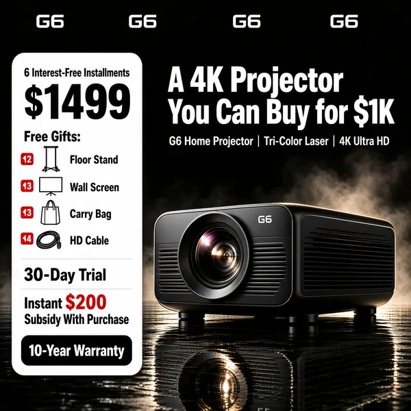 [Format] Professional e-commerce product main image, square 1:1, high-contrast tech promo on a moody cinematic backdrop. [Colors] Deep charcoal-black background with drifting mist and a reflective wet floor (#1a1c1e range); a white price panel with black type; warm white light accents; red free-gift markers; matte black hardware. No frame border. [Layout] A logo row spans the top. The left third is a white rounded panel holding the price, installments, a stacked free-gift list with small icons, trial and subsidy claims, and a bold warranty chip. The right two-thirds carries the headline in white above the product, which sits low on the wet reflective ground. [Subject] A large black home projector with a prominent glass lens and ribbed vent grille, angled three-quarters toward the viewer, resting on a mirror-like flooded surface with mist curling behind it. [Headline] The white panel leads with a subsidized price of $1499 in huge black numerals under a caption noting 6 Interest-Free Installments. Red-tagged lines list Free Gifts: Floor Stand, Wall Screen, Carry Bag and HD Cable, followed by a claim for a 30-Day Trial and an Instant $200 Subsidy With Purchase. The right headline declares A 4K Projector You Can Buy for $1K, subtitled G6 Home Projector | Tri-Color Laser | 4K Ultra HD. [Badges] A solid black rounded chip near the panel's base reads 10-Year Warranty in white type. [Mood] Bold, premium and confident, a cinematic gadget deal lit like a movie still.