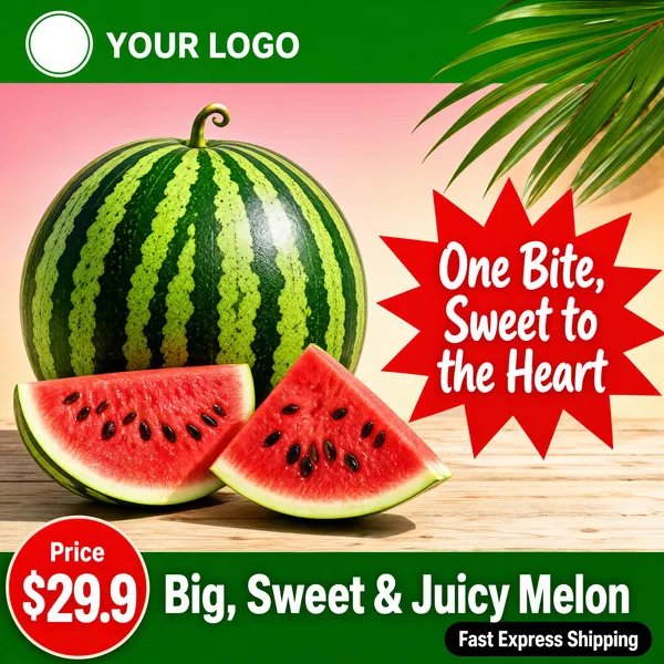 [Format]
Professional e-commerce product main image, square 1:1, fresh summer fruit-market style with juicy appetite appeal.

[Colors]
Background is a soft blush-pink to warm beige gradient (#f6e8e2); a grass-green band (#2f9e44) runs across the top and a deeper green strip (#1d7a34) closes the bottom; watermelon rind greens and vivid crimson flesh dominate the middle; accents are a red jagged starburst badge, a black shipping pill and a red price circle. No frame border.

[Layout]
The top green bar carries a round badge and a logo line; the whole melon fills the left two-thirds on a pale wooden tabletop with cut wedges in front; a jagged red starburst sits mid-right; the bottom green band holds the claim line, with the red price circle at the lower-left corner and a black pill at the lower-right; a tropical palm leaf enters from the top-right corner.

[Subject]
No people. A large whole watermelon with dark-and-light green striping and a small curled stem, beside two thick triangular wedges showing juicy crimson flesh, pale white rind and glistening dark seeds, resting on a light timber surface under soft bright daylight.

[Headline]
Green top bar: a small white-outlined round badge plus "YOUR LOGO" in white caps. Red starburst with playful white lettering: "One Bite, Sweet to the Heart". Bottom green band in bold white: "Big, Sweet & Juicy Melon". Lower-left red circle: "Price" above a giant white "$29.9". Lower-right black pill: "Fast Express Shipping".

[Mood]
Fresh, juicy and summery; appetizing market-stand energy built on watermelon reds and greens.