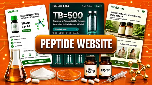 [Format]
Professional Fiverr gig cover, landscape 16:9 banner, warm scientific-product showcase style on a saturated orange ground with laboratory props. No watermark, no personal names.

[Layout]
A bright orange background with faint circuit-board line patterns and glowing dots. Three large tilted website screenshot panels stand across the upper two-thirds — green-white on the left, dark teal in the centre, natural green-white on the right — with a bold title slab across the centre and a photorealistic row of chemistry props along the bottom edge.

[Subject]
No people. In the foreground: an Erlenmeyer flask filled with amber liquid, a petri dish of fine white powder, a shallow dish of bright orange powder, two amber pill bottles labelled "NAD+ BOOSTER" and "BPC-157", a glass syringe with a metal needle, scattered white capsules, and a gold ball-and-stick molecular model.

[Headline]
Centre, overlapping all three screenshots: a rounded slab with a glossy orange-to-brown gradient carrying "PEPTIDE WEBSITE" in enormous heavy white caps.

[Devices]
Left screenshot: a green-and-white research site branded "VitaNova" with a "RESEARCH PEPTIDES" eyebrow, the headline "ADVANCING LIFE SCIENCE", a product card "VN-204" at "$34.99" beside a green-capped vial with molecule graphics, the block "WHY CHOOSE US" with "SCIENCE YOU CAN TRUST", badges "LAB VERIFIED" and "HIGH POTENCY", a "BROWSE BY CATEGORY" strip (Peptides, Salves, Amino Acids, Research Chemicals, Supplies) and a "BEST SELLING PEPTIDES" row. Centre screenshot: a dark teal site branded "BioCore Labs" dominated by a giant metallic "TB=500" over a vial, the line "Engineered for Recovery, Built for Tomorrow.", chips reading "Discreet Delivery", "100% Purity Guarantee" and "Lab Verified", a "Shop By Product" button and product cards labelled "TB-500", "CJC-1295", "BPC-157" and "Semorelin". Right screenshot: a natural-supplements site branded "VitaNatura" with the headline "Nourish Naturally. Live Vibrantly.", photographs of amber supplement bottles labelled "Daily Balance" and "Energy Boost" on stone, the strip "Nature-Driven • Clinically Backed • Sustainable Choice • Customer Focused", a "Wellness For Every Lifestyle" panel and a "pH Balance" card.

[Mood]
Scientific, product-rich and conversion-ready; hot orange ground, three clean storefront screens and a photoreal chemistry still-life grounding the composition.
