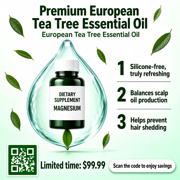 [Format]
Professional e-commerce product main image, square 1:1, fresh botanical skincare style with a clean green system.

[Colors]
Background is a soft white-to-mint gradient with floating tea-tree leaves and a large glass water-droplet shape behind the bottle (#eaf5ec range). Headline green, numbered rows deep green, QR block green. No frame border.

[Layout]
Top: the two-line title block. Center-left: the bottle inside a giant translucent droplet. Right column: three numbered rows. Bottom: a green QR square on the left and a price line with a pill button.

[Subject]
No people. A dark green supplement-style bottle with a white cap and a white label reading "DIETARY SUPPLEMENT MAGNESIUM" in green caps, suspended inside a crystal-clear water droplet with a green leaf visible at its tip.

[Headline]
Top green caps: "Premium European Tea Tree Essential Oil" with the lighter sub-line "European Tea Tree Essential Oil". Numbered green rows: "1 Silicone-free, truly refreshing", "2 Balances scalp oil production", "3 Helps prevent hair shedding". Bottom: "Limited time: $99.99" in bold green, a white pill "Scan the code to enjoy savings" beside a green QR-code square.

[Mood]
Pure, clinical and botanical; crisp mint whites and greens conveying gentle, effective care.