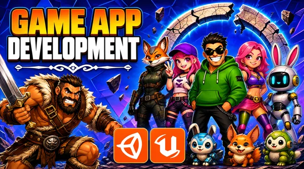[Format]
Landscape 16:9 gig cover, colourful cartoon game-key-art collage with a cast of stylized characters and a chunky headline. Vivid polished render. No watermark, no personal names.

[Layout]
Full-bleed blue-purple fantasy game background with floating rock shards and a cracked geometric pattern in the sky. Top-left quadrant: the headline stack with an ornamental divider beneath it. Left edge: a muscular cartoon barbarian with a sword lunges in from the bottom-left corner, overlapping the headline's left edge. Right two-thirds: a lineup of stylized game characters standing shoulder to shoulder across the full height — a fox-faced soldier in tactical gear, a girl with a purple cap and pink hair flashing a peace sign, a grinning man in sunglasses and a green hoodie front and center, a pink-haired girl, a robot rabbit, and small creature companions at their feet; a large broken glowing stone ring arcs behind them. Bottom center, between the headline block and the lineup: two small rounded-square badges side by side.

[Subject]
No photo cut-out — the subject is the illustrated character ensemble described above, with the barbarian as the nearest foreground element at bottom-left.

[Headline]
"GAME APP" in huge chunky orange-to-yellow gradient caps with dark brown outlines; "DEVELOPMENT" beneath in white extra-bold caps sitting on the blue ground; below the type, a horizontal orange ornamental flourish divider with a diamond gem at its center.

[Badges]
Two orange rounded-square tiles side by side under the divider: the white Unity cube logo on one and the white Unreal Engine "U" mark on the other, both drawn small and centered.

[Mood]
Vivid blues and purples with orange-yellow display type and multicolour character costumes; playful blockbuster energy; the yellow GAME APP word and the crowded hero lineup read clearly at thumbnail size.
