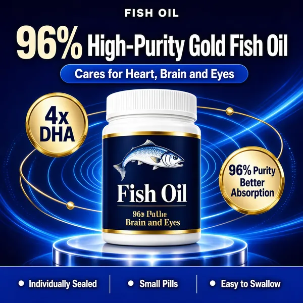 [Format] Professional e-commerce product main image, square 1:1, high-tech deep-blue supplement style. [Colors] Electric blue gradient from #1a3fa0 to #4a7ae8 with sweeping light streaks and fine concentric rings, white bottle with a navy label #1e3f8f, gold accent badges, cream display type, a blue footer band, no frame border. [Layout] Store name microcopy at the top, a giant percentage-plus-headline line across the upper third, a blue sub-pill beneath, the bottle centered with orbiting gold circles, and a blue band along the bottom listing three attributes. [Subject] A white plastic supplement jar with a ribbed cap and a deep-blue label illustrated with a leaping fish above the word Fish Oil, standing on a reflective pedestal ringed by light. [Headline] 96% High-Purity Gold Fish Oil in huge cream-and-white numerals and letters; the blue pill beneath reads Cares for Heart, Brain and Eyes; floating gold circles state 4x DHA and 96% Purity, Better Absorption. [Badges] Three items on the bottom band: Individually Sealed, Small Pills, Easy to Swallow, each with a small dot marker. [Mood] Clinical, energetic and potent, with orbital light trails implying scientific performance.