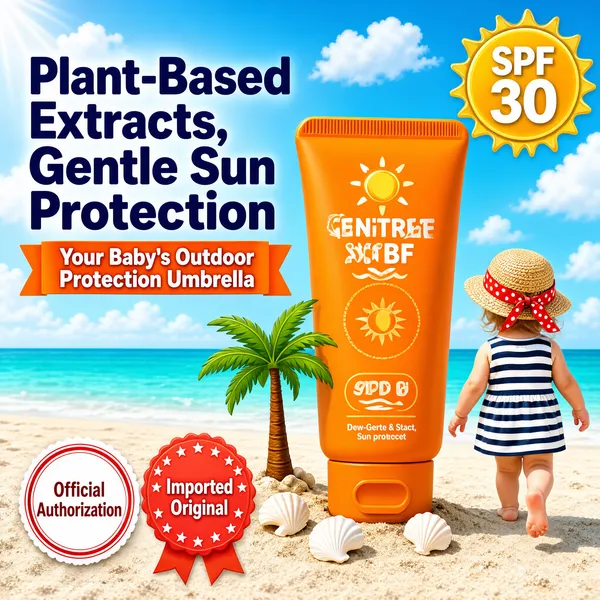 [Format]
Professional e-commerce product main image, square 1:1, sunny beach-lifestyle style with bright vacation energy.

[Colors]
Sky-blue sky with soft white clouds (#9fd4ee), turquoise sea and pale sand; a huge orange sunscreen tube (#f08a1e) as the dominant accent; coral-red and leaf-green badge accents. No frame border.

[Layout]
Headline in the upper left; a giant sunscreen tube centre-right planted in the sand; a toddler walking on the sand to its right; a round sun badge top-right; two seal badges lower left; a small orange ribbon banner under the headline.

[Subject]
A young white / Caucasian toddler girl in a white-and-navy striped sleeveless dress and a straw hat with a red polka-dot ribbon, seen from behind walking barefoot on the sand; beside her an oversized orange squeeze sunscreen tube standing upright with a matte finish and flip cap; a cartoon palm tree and small white shells at the tube's base.

[Headline]
Bold dark-blue characters "Plant-Based Extracts, Gentle Sun Protection" on two lines; beneath, an orange ribbon banner with white text "Your Baby's Outdoor Protection Umbrella"; top-right a golden sun-shaped badge reading "SPF 30" in white.

[Badges]
Lower left, a white seal outlined in red reading "Official Authorization" and a red star-studded rosette badge reading "Imported Original".

[Mood]
Warm, protective and family-friendly; beach-bright blues and oranges with a cheerful sunny badge, instantly readable.