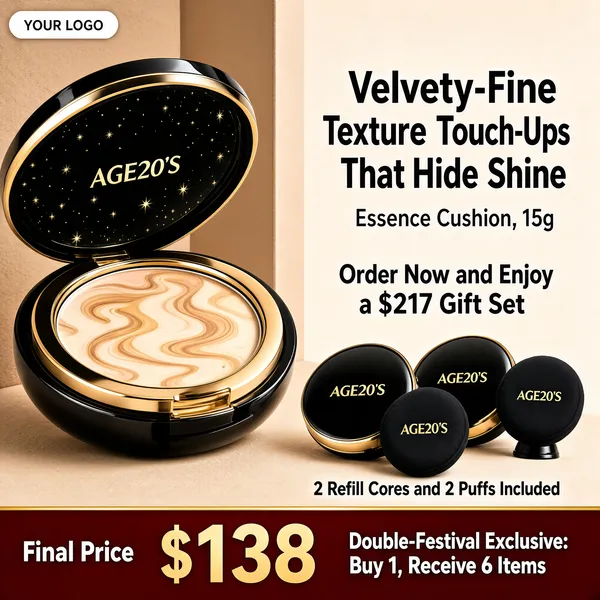 [Format]
Professional e-commerce product main image, square 1:1, luxurious beauty-campaign style on a sculpted beige studio set.

[Colors]
Background is a soft nude-beige wall (#e8cfae) meeting a sand-toned floor with a subtle corner light; the compact is glossy black with a champagne-gold band; the right headline is dark charcoal; a maroon banner (#8c2f2a) runs along the bottom with white and gold type; a small white logo pill sits top-left. No frame border.

[Layout]
A white "YOUR LOGO" pill anchors the top-left; the large open compact fills the left half in close-up; the right column stacks a two-line headline, a small spec line, a gift callout and a mini product row; a full-width maroon price banner closes the bottom edge.

[Subject]
No people. A round black cushion-foundation compact, its starry black lid printed with "AGE20'S" in gold, tilted open to reveal a swirled marbled cushion of ivory and warm-beige liquid foundation inside a gleaming gold rim; below-right, two smaller closed compacts and two black air-puff applicators printed with the same gold brand mark are grouped as a bonus set.

[Headline]
Top-left pill: "YOUR LOGO" in dark text. Right column in bold charcoal display type on two lines: "Velvety-Fine Texture" and "Touch-Ups That Hide Shine", with a small line beneath: "Essence Cushion, 15g". Below: a gift line "Order Now and Enjoy a $217 Gift Set" above the mini compacts row captioned "2 Refill Cores and 2 Puffs Included". Maroon banner: "Final Price" beside a huge gold "$138", then white copy "Double-Festival Exclusive: Buy 1, Receive 6 Items".

[Mood]
Refined, pampering and premium; warm nude tones with glossy black-and-gold packaging and a confident festive deal.