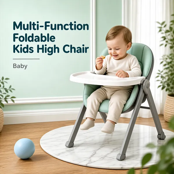 [Format]
Professional e-commerce product main image, square 1:1, soft nursery-lifestyle style with a mint-and-wood interior scene.

[Colors]
A gentle mint-green and warm wood palette (#cfe6dd range with #d9b98c wood floor); accents in white frame mouldings, teal upholstery and one pale-blue ball. No frame border.

[Layout]
The upper-left carries the two-line headline with a thin divider and a small grey word beneath; the high chair with the toddler fills the centre-right on a round white marble rug; a pale-blue ball rests at the lower left; soft curtains and blurred greenery frame the edges, with a leafy blur brushing the bottom-right corner.

[Subject]
A white / Caucasian toddler with fine light-brown hair sits in a modern mint-padded folding high chair with a white tray and grey A-frame legs, holding a small snack piece in one fair-skinned hand and looking down at it with a happy expression; soft daylight fills the room.

[Headline]
"Multi-Function Foldable Kids High Chair" in soft dark-teal rounded type on two lines; a short grey line beneath reads "Baby" in small letterspaced lowercase caps.

[Mood]
Calm, safe and homey; pastel nursery serenity that puts the child at ease.