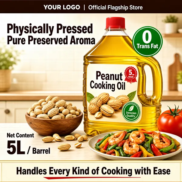 [Format]
Professional e-commerce product main image, square 1:1, warm kitchen-scene grocery style with a big golden oil jug as the hero.

[Colors]
The backdrop is a bright blurred home kitchen in warm cream and wood tones (#e8d8b8 range); the oil glows rich amber-gold (#e0a820); headline type is deep brown; the top logo bar is dark brown with white type; the bottom banner is cream with dark brown type and a red accent. No frame border.

[Layout]
A slim dark brown bar runs along the top with the store lockup; the two-line headline occupies the upper left; the giant jug stands centre-right slightly tilted for dynamism; a bowl of raw peanuts sits lower left, a stir-fry plate lower right, and a tomato at the far right edge; a round green badge hugs the jug's upper right; the bottom band carries the closing claim.

[Subject]
No people. A large 5L translucent PET jug of peanut cooking oil with a moulded handle and red screw cap, filled with clear golden oil; its wrap label shows the words "Peanut Cooking Oil" with a red grade seal, peanut illustrations and a green quality roundel; a wooden bowl of in-shell peanuts and a colourful shrimp-and-vegetable stir-fry plate frame the base, with scattered shelled peanuts on the counter.

[Headline]
Top bar: "YOUR LOGO | Official Flagship Store". Upper left in heavy dark-brown display type on two lines: "Physically Pressed" and "Pure Preserved Aroma". Bottom left stacked: "Net Content" above a huge brown "5L" with "/ Barrel" beside it. Bottom band in bold dark type: "Handles Every Kind of Cooking with Ease".

[Badges]
A green circular badge on the jug's shoulder reads "0 Trans Fat" in white.

[Mood]
Warm, trustworthy and appetizing; homey kitchen light around a gleaming jug of golden oil.