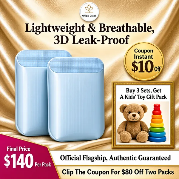 [Format]
Professional e-commerce product main image, square 1:1, luxe mother-and-baby promo style on a champagne silk set with stacked offer cards.

[Colors]
A champagne-gold silk backdrop (#e7cfa8 range) with soft draped folds, pale blue product packs as the cool counterpoint, gold-framed offer cards, a magenta price ribbon at the lower-left and a white benefit bar along the bottom. Small logo chip top-centre. No frame border.

[Layout]
A headline pair sits at the top centre. The two product packs lean against each other at centre-left. The right column stacks three cards: a round gold coupon coin, a gold-framed gift card with a teddy-bear photo inset, and a benefit bar spanning the bottom above a final savings line.

[Subject]
Two light-blue nappy pack bundles with grid-textured tops and soft powder-blue bodies, standing upright and overlapping, clean matte packaging with a subtle sheen; beside them on the right card, a small photo of a plush teddy bear with a colourful stacking-ring toy.

[Headline]
Top centre: "Lightweight & Breathable, 3D Leak-Proof" in brown serif-flavoured caps. Right column: gold coin reading "Coupon Instant $10 Off" with "$10" huge; framed card reading "Buy 3 Sets, Get A Kids' Toy Gift Pack"; white bar reading "Official Flagship, Authentic Guaranteed" in gold caps. Bottom: magenta wedge with "Final Price" small above "$140" enormous in white and "Per Pack" beside it, then a gold line "Clip The Coupon For $80 Off Two Packs".

[Badges]
Small white circular logo seal with dealer line at the top-centre.

[Mood]
Warm, premium and reassurance-led; champagne silk and gold cards with soft blue product packs, offers clearly stacked for fast reading.