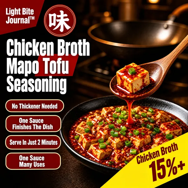 [Format]
Professional e-commerce product main image, square 1:1, appetite-driven food-sauce promo style with a dark kitchen backdrop and stacked red claim pills.

[Colors]
Background is a heavily blurred dark brown kitchen scene (#3a2418 range) with warm amber bokeh; claim pills are deep red (#b01818) with cream borders and white text; the headline is bold white with a red badge; a diagonal corner label is bright yellow with dark red type. No frame border.

[Layout]
The upper-left third stacks the red brand flag and the giant headline; beneath it runs a left-aligned column of four bordered claim pills; the bottom-right half is filled by a close-up dish of finished mapo tofu with a wooden spoon lifting a saucy cube; a yellow diagonal label slashes across the lower-right corner of the dish.

[Subject]
No people. A black ceramic plate of glistening mapo tofu in glossy chili-oil red sauce scattered with chopped scallions, plus a wooden spoon holding one sauce-coated tofu cube dripping above the plate; in the blurred background a wok and warm stove light suggest a busy kitchen.

[Headline]
Top-left: a red angled flag reading "Light Bite Journal" with a trademark mark, beside a red circular seal with white characters. Main headline in very heavy white display type on one line: "Chicken Broth Mapo Tofu Seasoning". Four white-on-red pills: "No Thickener Needed", "One Sauce Finishes The Dish", "Serve In Just 2 Minutes", "One Sauce Many Uses". Yellow diagonal corner label: "Chicken Broth 15%+".

[Mood]
Rich, spicy and mouth-watering; dark moody kitchen tones making the red-sauce dish glow.