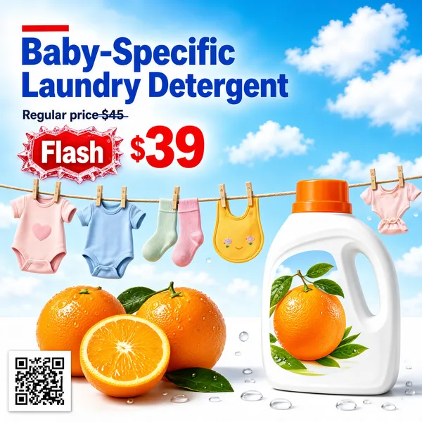 [Format]
Professional e-commerce product main image, square 1:1, bright family-care promo with a sunny sky backdrop.

[Colors]
Background a sunny blue sky with soft white clouds fading to white at the bottom; accents vivid red for the price and juicy orange fruit tones; small pastel garments on the line; No frame border.

[Layout]
The headline block sits upper-left with a price row beneath it, a clothesline with tiny garments strung across the middle, a white detergent bottle standing right, fresh oranges at the lower left, and a small QR-code tile in the bottom-left corner.

[Subject]
A white plastic laundry-detergent bottle with an orange cap and a fresh orange with green leaves pictured on its label, beside two whole and one halved juicy oranges with leaves, the bottle casting a soft shadow on the white ground with tiny water droplets hinting at freshness. No people.

[Headline]
Small red eyebrow top-left. "Baby-Specific Laundry Detergent" in heavy blue. Price rows: "Regular price $45" in small struck style, then a red ice-crystal tag "Flash" with "$39" enormous in red.

[Mood]
Fresh, gentle and sunny; sky-blue cleanliness with juicy orange cues, tiny clothesline charm and one sharp red price.