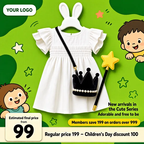 [Format]
Professional e-commerce product main image, square 1:1, playful kidswear flat-lay on a friendly green canvas with cartoon doodles.

[Colors]
Background fresh grass-green (#6faa5e) with darker green organic blobs, primary accent white and orange-red, secondary yellow, blush pink and charcoal, cream price card and yellow banner. No frame border.

[Layout]
Logo chip top-left. The hero dress hangs centered on a white bunny-ear hanger, with a small crown bag and magic wand styled at its side. Cartoon characters peek from the right edge and lower-left. Two-line caption sits lower-right. Bottom strip holds a cream price card, a pricing equation and a yellow member pill.

[Subject]
A white cotton children's dress with flutter ruffle sleeves and a smocked waist, on a white hanger shaped with bunny ears; a black velvet crown crossbody bag with pearl trim and a star-tipped magic wand layered in front.

[Headline]
Dark green rounded sans-serif lower-right: "New arrivals in the Cute Series" and "Adorable and free to be". Yellow pill above the strip: "Members save 199 on orders over 999". Cream card: "Estimated final price" with a huge black "99" and "from". Equation in black: "Regular price 199" minus "Children's Day discount 100".

[Badges]
White logo chip top-left reading "YOUR LOGO"; yellow member coupon pill; cream price card bottom-left.

[Mood]
Cheerful, storybook playfulness with gentle everyday-value messaging.
