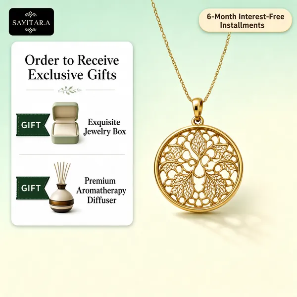 [Format] Professional e-commerce product main image, square 1:1, minimalist light-luxury jewelry style. [Colors] Gentle mint-to-cream gradient from #dcefe0 to #f4f1e8, warm gold jewelry #d9b45c, white content card, dark green ribbon labels #4f7a52, muted sage accents, no frame border. [Layout] A black logo chip top-left and a beige installment pill top-right, a tall white benefit card running down the left side, the pendant suspended large from the upper right on its fine chain, generous empty space at the base. [Subject] A delicate round gold pendant with intricate openwork filigree cutouts resembling lace leaves, hanging on a slim cable chain, photographed in soft daylight with a faint shadow. [Headline] No large display headline; the white card is titled Order to Receive Exclusive Gifts in serif charcoal letters, listing an Exquisite Jewelry Box and a Premium Aromatherapy Diffuser as the two gifts, each tagged with a small green ribbon label. [Badges] The top-right beige pill reads 6-Month Interest-Free Installments in small brown type. [Mood] Serene, airy and quietly upscale, with pastel freshness framing the golden centerpiece.