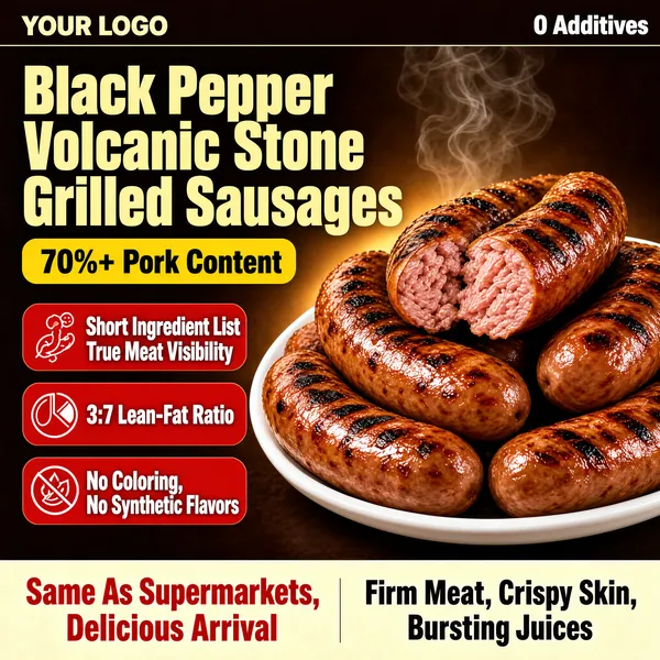[Format]
Professional e-commerce product main image, square 1:1, bold grilled-sausage promo style with smoky dark grounds and stacked benefit icons.

[Colors]
Background is a smoky dark coffee-brown (#33221a) with a soft warm glow behind the plate; the sausages are golden brown with char-blistered skins; the headline is cream-yellow heavy type; the top-right note is white; the three feature rows are solid red rounded chips with white icons and cream type; the bottom band is warm cream (#f4e8d2) with dark and red type. No frame border.

[Layout]
A slim logo strip runs across the top with a bold "0 Additives" note at the top-right; the two-line headline sits upper-left; a yellow content pill sits beneath it; the plate of sausages fills the centre and right, one split open; three red icon chips stack down the left side; a cream footer band carries the closing claims.

[Subject]
No people. A white oval plate piled with plump grilled sausages, skins blistered and glistening with char marks and oil sheen; the top sausage is broken open revealing dense, juicy pale-pink meat fibres; a faint wisp of smoke rises behind the plate against the dark background.

[Headline]
Top strip: "YOUR LOGO" in cream caps. Headline in very heavy cream condensed caps on two lines: "Black Pepper" and "Volcanic Stone Grilled Sausages", with a top-right white note "0 Additives". A yellow pill beneath the headline reads "70%+ Pork Content".

[Badges]
Three red chips on the left with line icons: "Short Ingredient List" with sub-text "True Meat Visibility", "3:7 Lean-Fat Ratio" and "No Coloring, No Synthetic Flavors". Bottom cream band: red display caps "Same As Supermarkets, Delicious Arrival" beside dark bold "Firm Meat, Crispy Skin, Bursting Juices".

[Mood]
Hearty, savory and straight-talking; smoky charcoal browns with red benefit chips and a clean cream close.