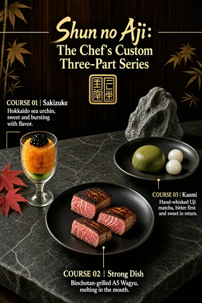 This infographic takes "Shun no Aji: The Chef's Custom Three-Part Series" as its theme and presents a three-course fine-dining set carefully designed by the chef. The overall design style is elegant and profound, using a dark-toned wooden background paired with a stone countertop to create an atmosphere of Japanese wabi-sabi aesthetics. Red maple leaves and bamboo branch silhouettes are interspersed in the scene, enhancing the sense of season and the natural mood. The title "Shun no Aji: The Chef's Custom Three-Part Series" is centered at the top in an antique gold calligraphic font, with a square seal pattern below containing the characters "Jiantang" (possibly a restaurant or brand mark). Two thin gold lines extend from either side of the title, creating visual balance. The three dishes are named "COURSE 01 | Sakizuke," "COURSE 02 | Strong Dish," and "COURSE 03 | Kanmi," each with corresponding descriptive text and imagery: - **COURSE 01 | Sakizuke** Text description: "Hokkaido sea urchin, sweet and bursting with flavor." Image shown: a transparent stemmed glass holding orange-yellow sea urchin, topped with black caviar, with green garnishes (such as cucumber slices) visible at the bottom, placed on the left side of the counter. A few red maple leaves are scattered beside the glass, adding an autumnal air. - **COURSE 02 | Strong Dish** Text description: "Binchotan-grilled A5 Wagyu, melting in the mouth." Image shown: two pieces of aged Wagyu with pink cross-sections and rich marbling, with a seared, slightly crisp surface, arranged on a dark circular plate in the lower-center of the frame; this is the visual focal point. - **COURSE 03 | Kanmi** Text description: "Hand-whisked Uji matcha, bitter first and sweet in return." Image shown: a dark shallow plate holding one green matcha dumpling (or matcha daifuku) and two small white balls (possibly shiratama dumplings or glutinous rice balls), placed on the right side of the counter, with gray rock-like decor in the background. The three dishes are connected from their text labels to the corresponding images by thin lines, forming clear informational associations. The overall layout forms a triangular composition, with the Wagyu main course in the center and the appetizer and dessert on either side, in clearly defined layers. The lighting is soft and focused on the food, highlighting texture and color. There are no superfluous elements in the picture; it emphasizes the authenticity of ingredients and the craftsman's spirit, conveying the refinement and sense of ceremony of high-end Japanese cuisine.